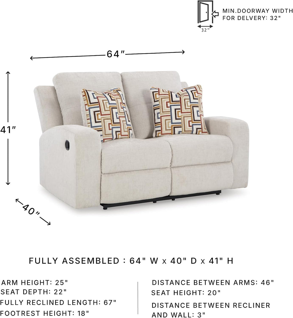 Signature Design by Ashley Danum Modern Tufted Manual Reclining Loveseat with 2 Accent Pillows, Beige