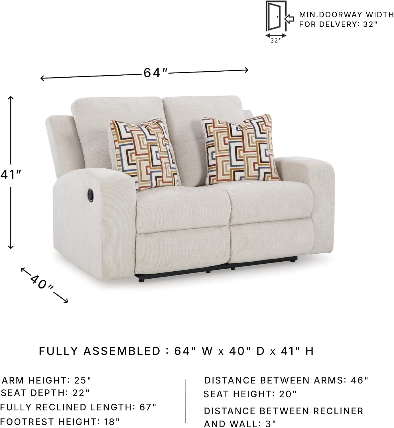 Signature Design by Ashley Danum Modern Tufted Manual Reclining Loveseat with 2 Accent Pillows, Beige
