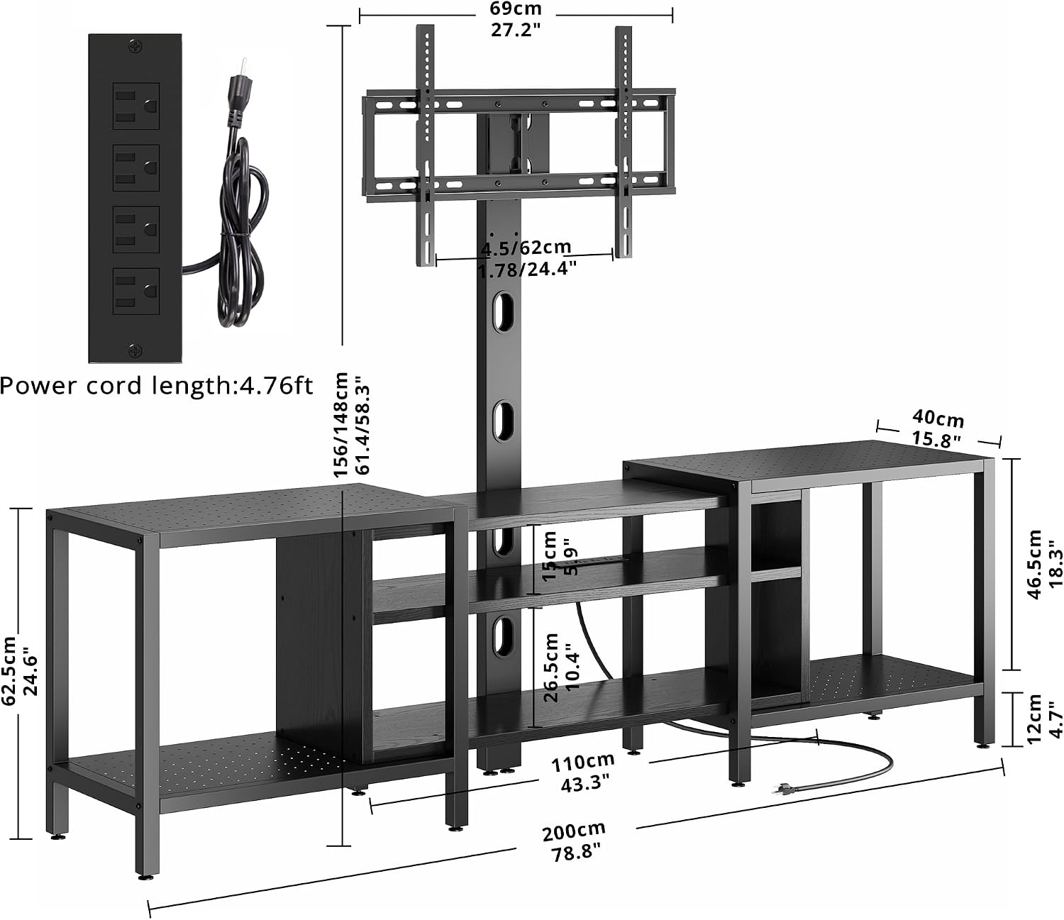 IRONCK 79 Inch TV Stand for TVs up to 85 Inch with Mount and Power Outlet, 3 Tiers TV Console with Storage Shelves, Entertainment Center, Steel Frame, for Living Room, Bedroom, Black