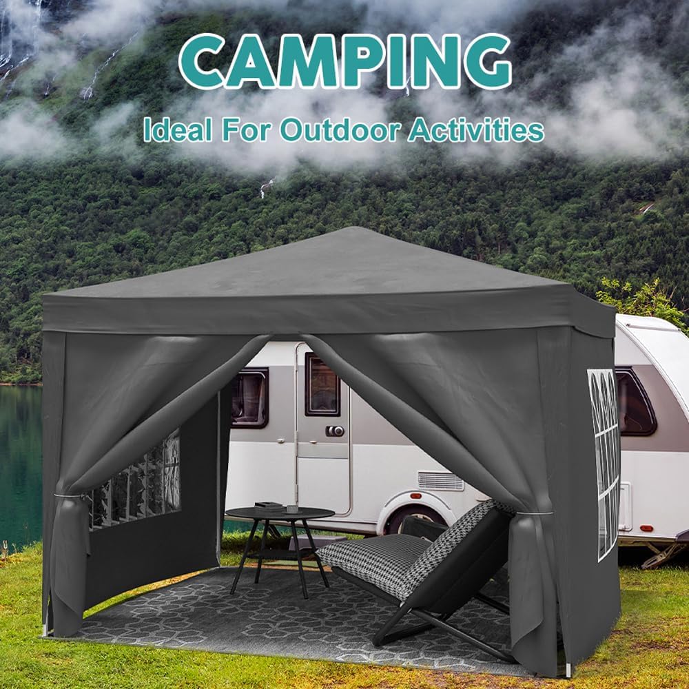 10x10 Pop Up Canopy with 4 Sidewalls Commercial Canopy Tent UPF 50+ All Weather Waterproof Outdoor Wedding Party Tent for Gazebo, Camping, Backyard Parties with Sand Bag, Black