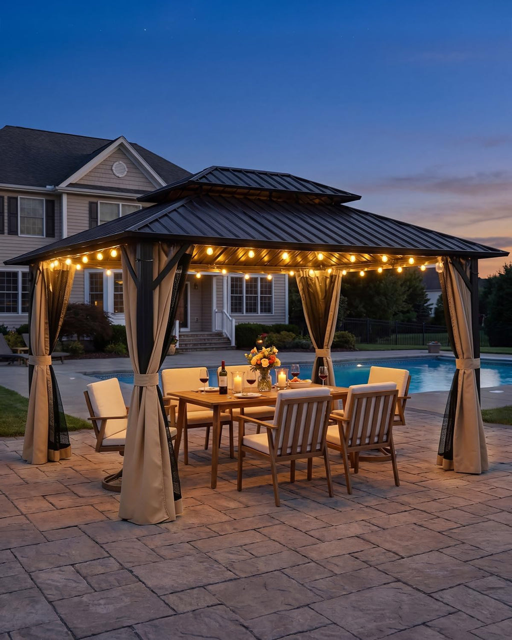10' x 12' Hardtop Gazebo, Aluminum Frame Outdoor Patio Gazebo with Netting and Curtains, Outdoor Hardtop Gazebos, Patio Pergolas with Double Metal Roofs for Backyard, Patio, Deck, Sandstone