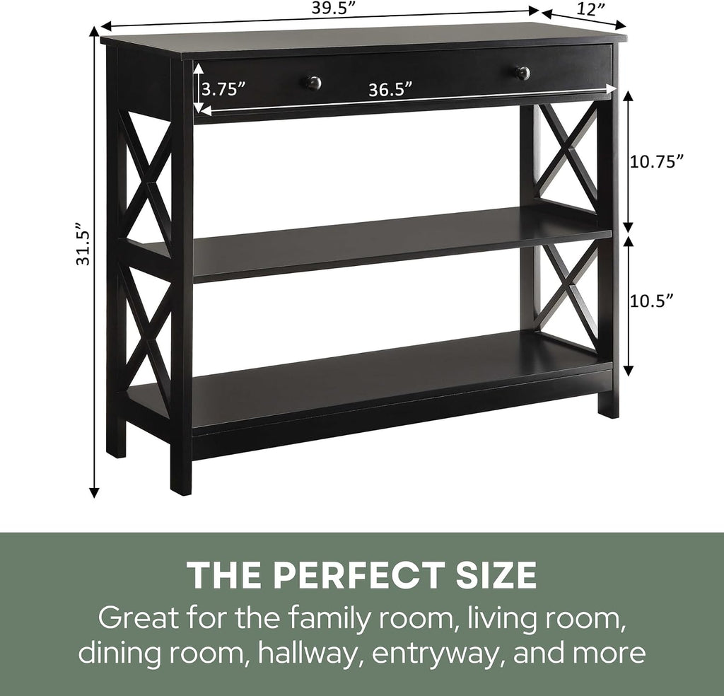 Convenience Concepts Oxford 1-Drawer Console Table 39.5' - Farmhouse Sofa Display with Storage Shelf For Living, Family, & Dining Room, Modern Entryway Hall Table for Kitchen, Bedroom, Black