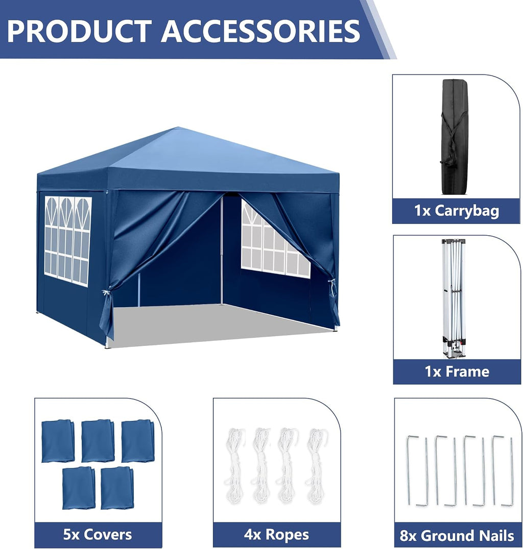 10x10 Pop Up Canopy Tent with Sidewalls, 3 Height Adjustable Beach Tent with Carrying Bag, 8 Stakes & 4 Ropes, Easy Set Up Gazebo for Events, Party, Wedding (10x10FT Blue with 4Sidewalls)