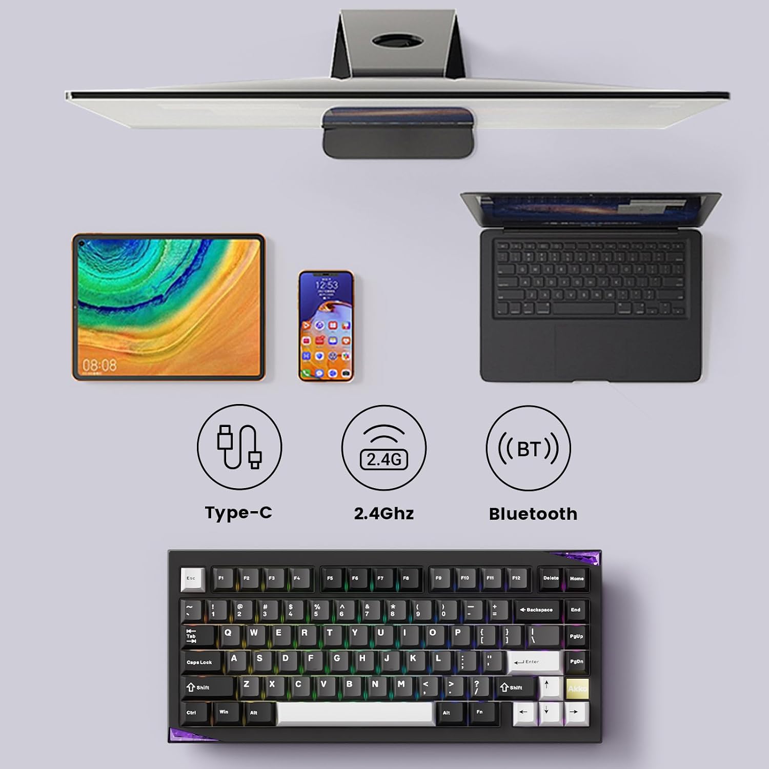 Akko Gem 01 QMK/VIA Aluminum Mechanical Keyboard Tri-Mode RGB Hot-swappable Wireless Gaming Keyboard, Black and Silver, Pre-lubed Mirror Switch