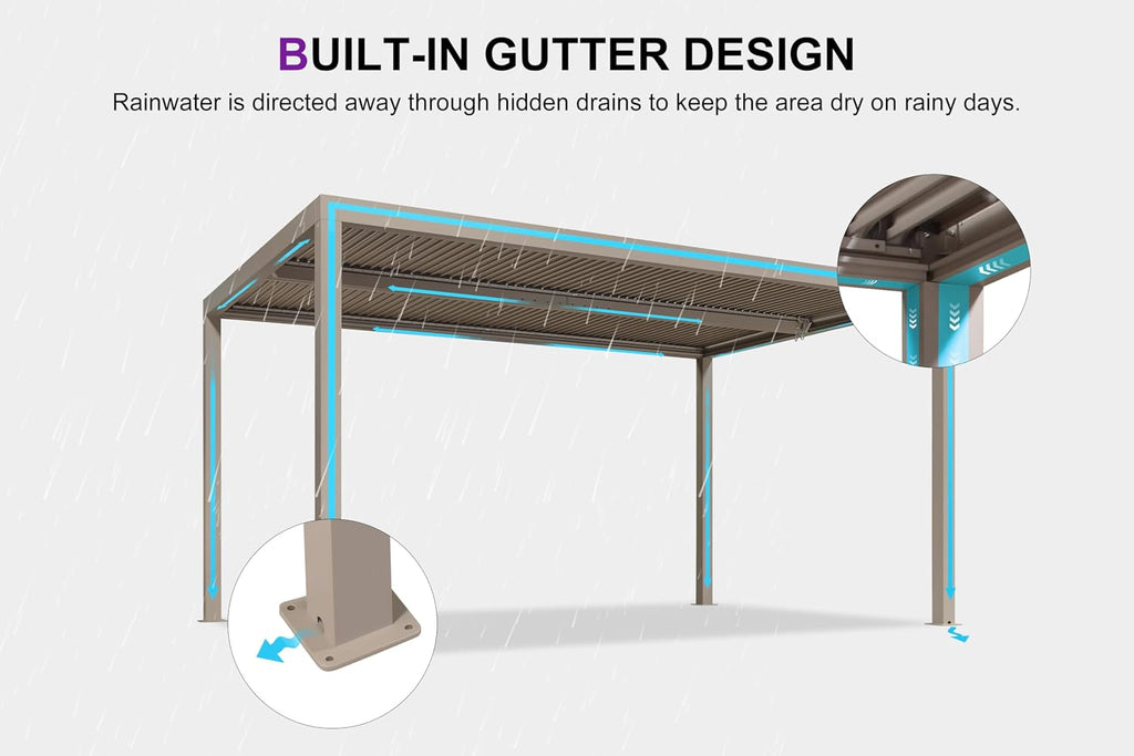 PURPLE LEAF Louvered Pergola 10' × 15' Champagne Outdoor Aluminum Pergola, Adjustable Gazebp for Deck Garden Backyard Patio Retractable Roof Canopy, 1 Long Side and 2 Short Side