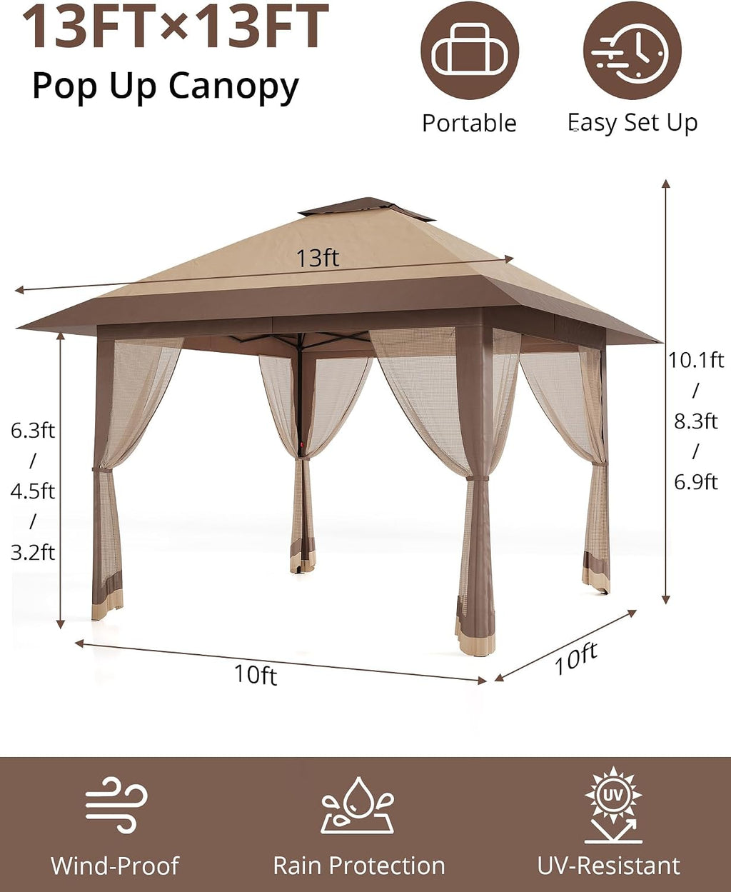 13'x13' Pop Up Gazebo, Heavy Duty Instant Canopy Gazebo with Mosquito Net & Double Roof, 3 Level Adjustable Height Canopy Tent, UV-Resistant Outdoor Party Tent for Backyard, Garden, Lawn