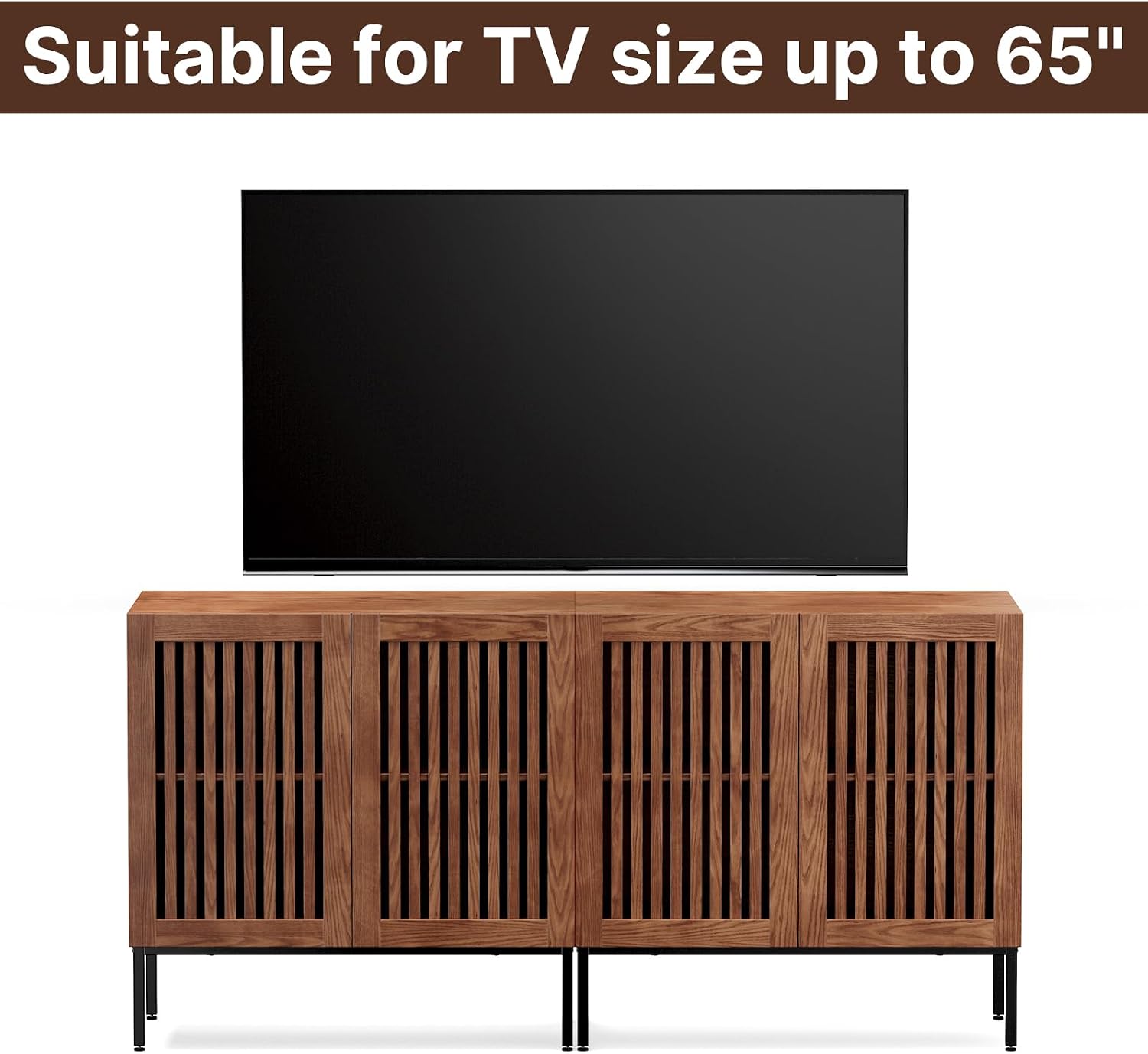 BVIUNTWO Farmhouse TV Stand for 70 Inch TVs, 2-in-1 Entertainment Center with Storage Cabinets & Metal Base,Brown Media Console for Living Room