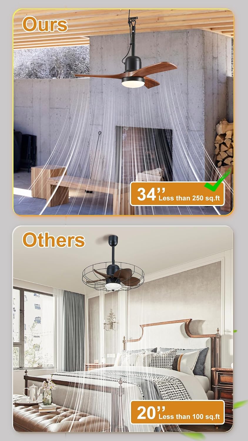 34 Inch Outdoor Ceiling Fan with Light and Remote, Wet Rated Gazebo Fan with 16 ft Plug in Cord, Farmhouse Wood 3 Blade Hanging Ceiling Fan for Patio Porch Pergola, Quiet Reversible DC Motor