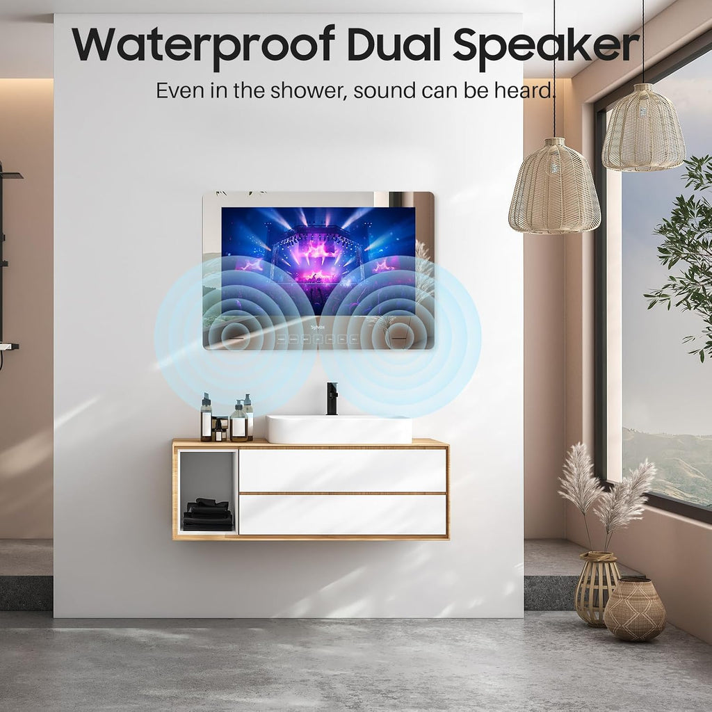 SYLVOX 24 inch Bathroom TV, 1080P Mirror Television with Google OS NTSC & ATSC Tuner WiFi Bluetooth Voice Remote, IP66 Waterproof Magic TV for Bathroom Bathtub Hotel Shower Spa (Wall Mount)