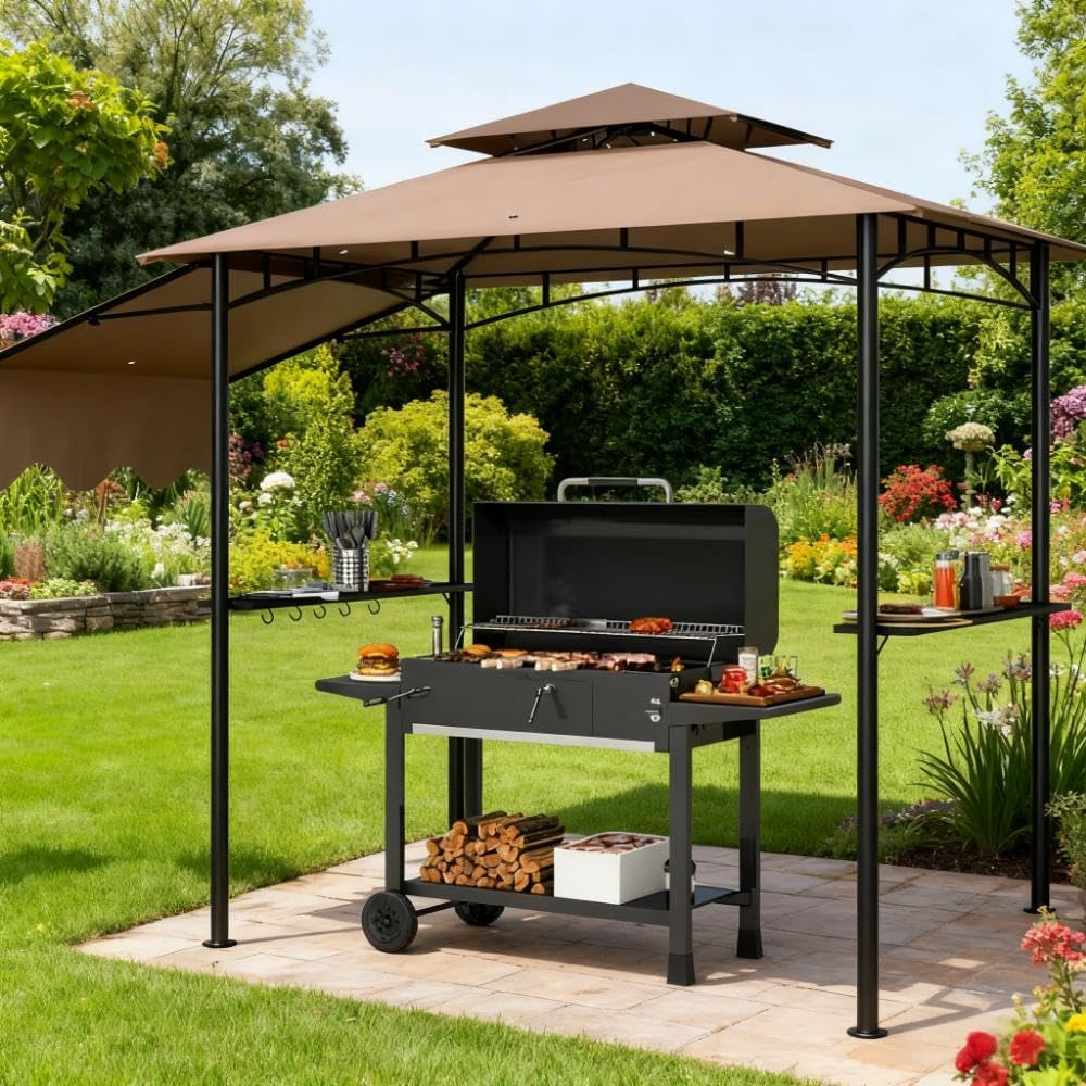 GOWE Ventilated Barbecue Gazebo Shelter,Outdoor Grill Gazebo,with Side Awning,Side Shelves and Hooks