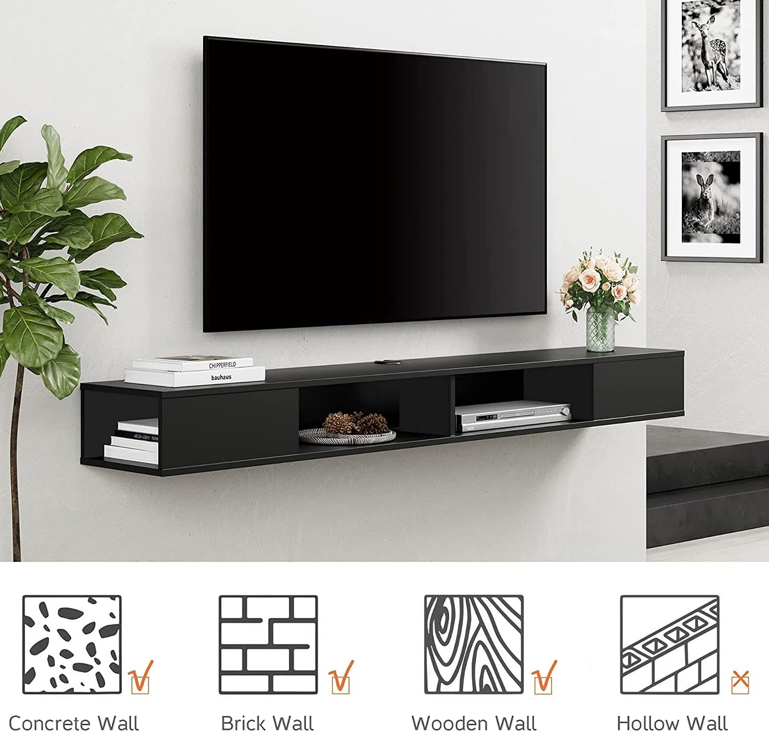 WAMPAT 70 inch Black Floating TV Stand, Entertainement Center Wall Mount for 75 inch TV, Media Console for Under TV with Storage for Living Room