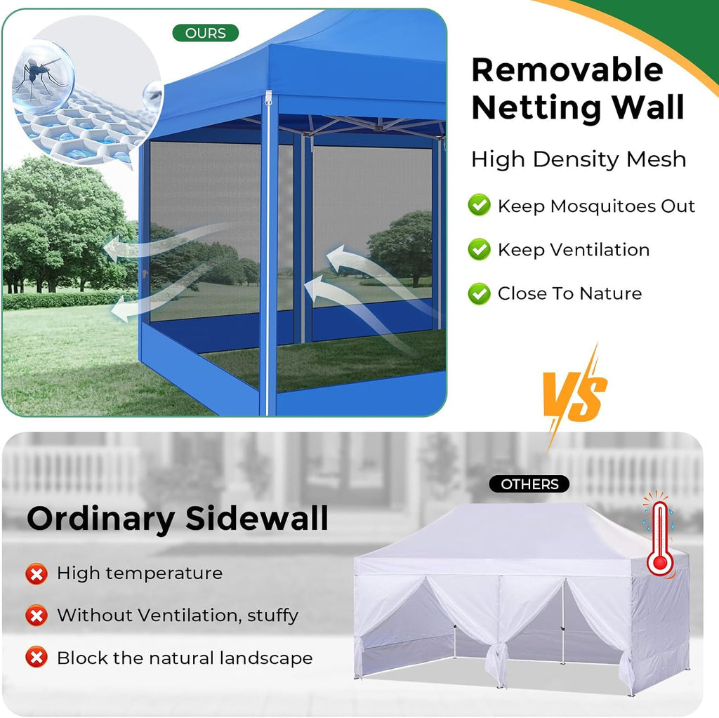 COBIZI 10x15 Heavy Duty Pop Up Canopy Tent with 4 Sidewalls, Commercial Gazebo Party Tent with Mosquito Netting Wall Easy Set Up Outdoor Instant Screen Tent for Backyard, Patio, Garden, Blue