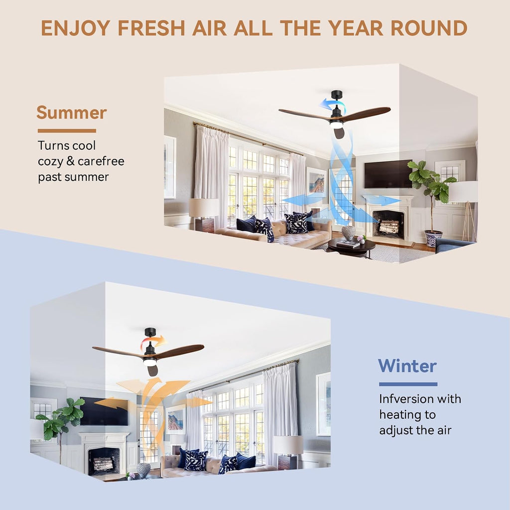 CACI Mall 60 Inch Solid Wood Ceiling Fan with Light, Outdoor for Covered Patios, Remote Control, 3 Walnut Blades, Dimmable, Noiseless, for Living Room, Gazebo, Farmhouse