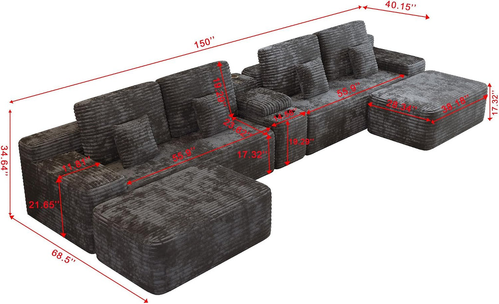 KEIKI 150' U-Shaped Oversized Corduroy Modular Sectional Sofa with 2 Ottomans and Multi Functional Console, 6-Seater Upholstered Couch with USB and 2 Cup Holder, Easy Assembly, for Living Room, Black
