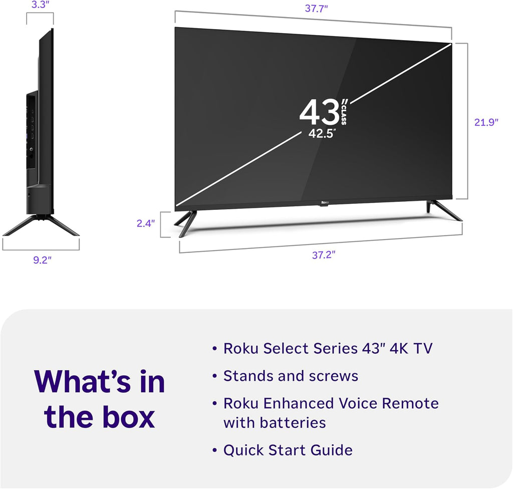 Roku Smart TV – 43-Inch Select Series, 4K HDR TV – Roku TV with Roku Remote – Flat Screen LED Television with Wi-Fi for Streaming Live Local News, Sports, Family Entertainment