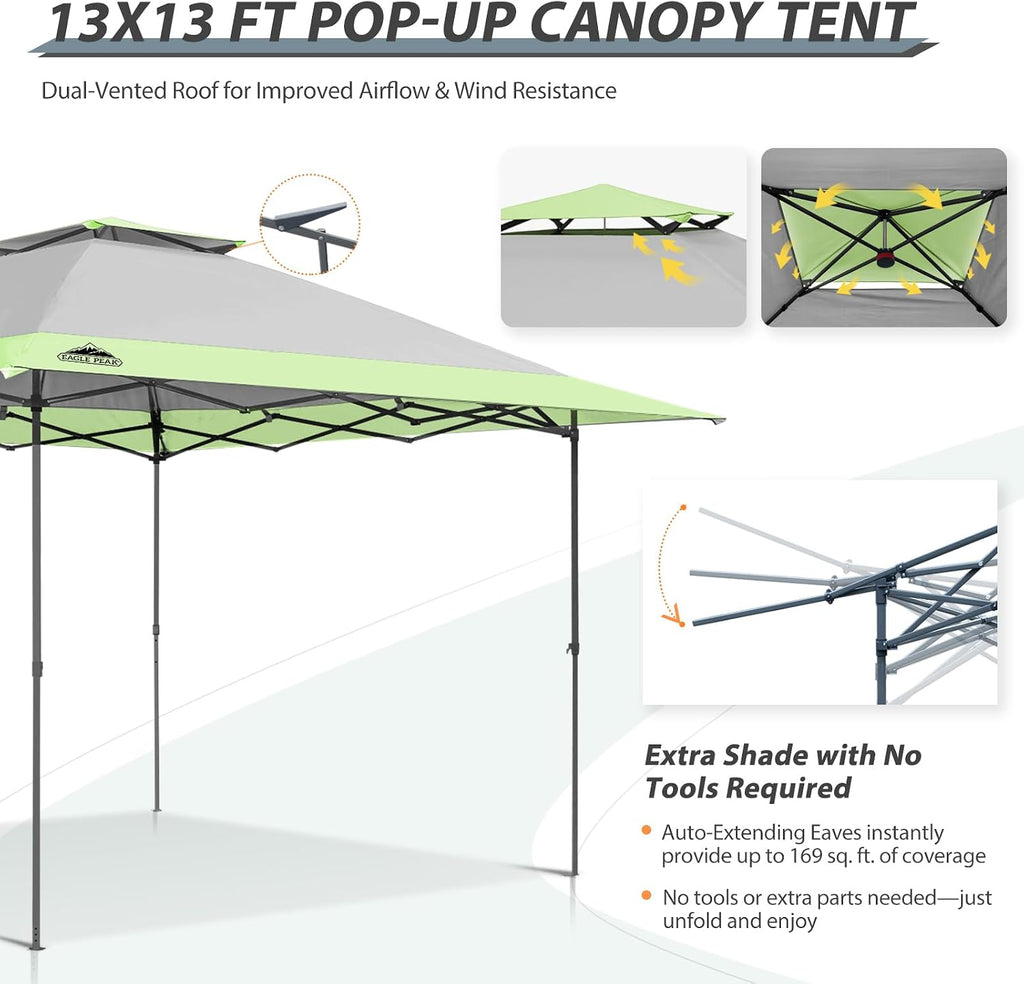 EAGLE PEAK 13x13 Straight Leg Pop Up Canopy Tent Instant Outdoor Canopy Easy Single Person Set up Folding Shelter w/Auto Extending Eaves 169 Square Feet of Shade (Gray)