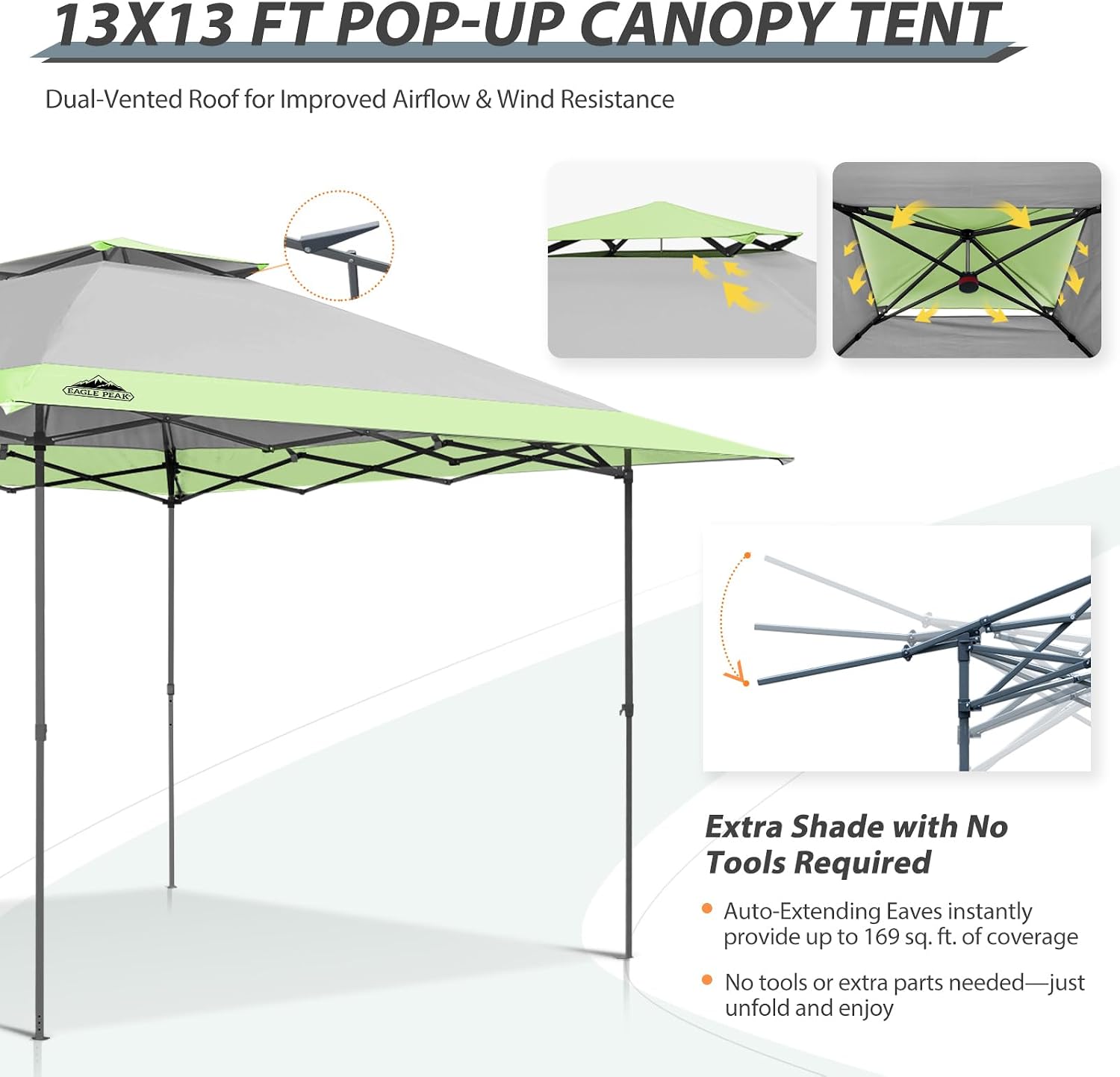 EAGLE PEAK 13x13 Straight Leg Pop Up Canopy Tent Instant Outdoor Canopy Easy Single Person Set up Folding Shelter w/Auto Extending Eaves 169 Square Feet of Shade (Gray)