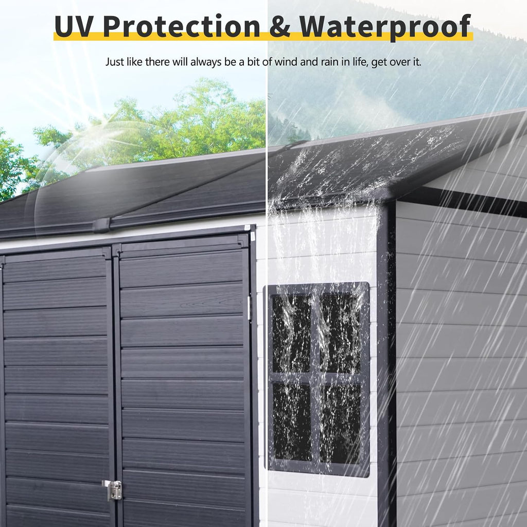 8x6 ft Outdoor Resin Storage Shed with Floor, Waterproof Plastic Garden Shed with Lockable Door and Two Windows, All-Weather Tool Sheds for Backyard, Patio, Lawn (Grey & White)