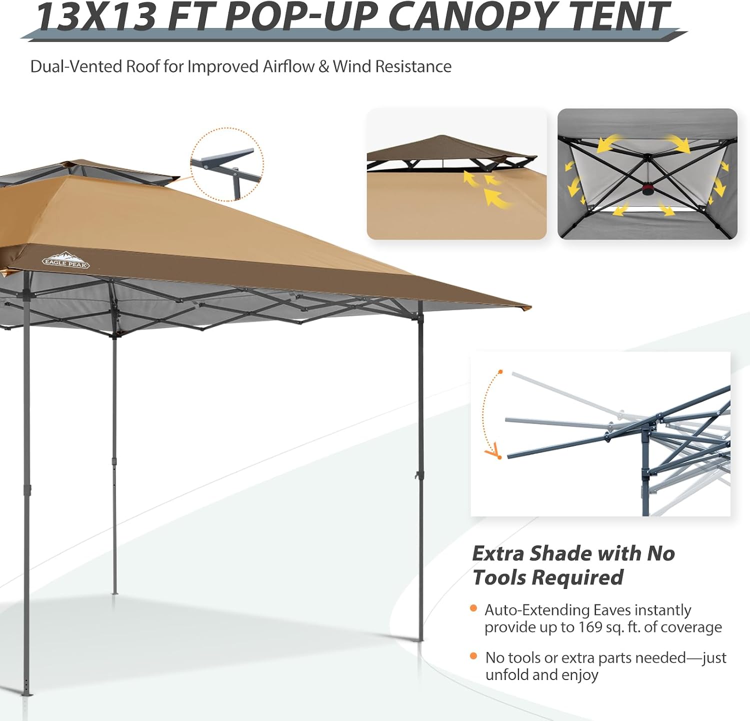 EAGLE PEAK 13x13 Straight Leg Pop Up Canopy Tent Instant Outdoor Canopy Easy Single Person Set up Folding Shelter w/Auto Extending Eaves 169 Square Feet of Shade (Sand/Brown)