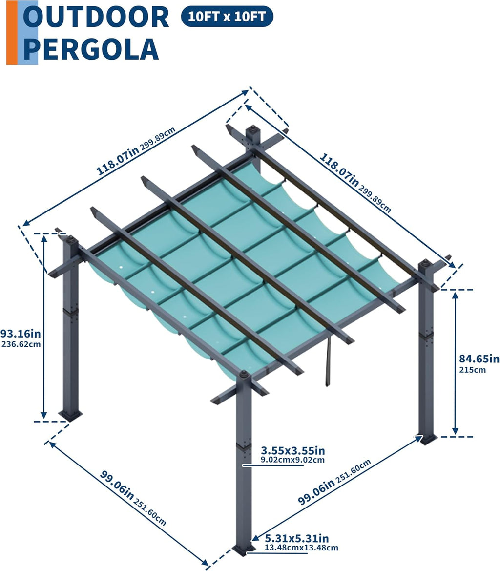 GarveeLife 10x10 ft Aluminum Pergola, Outdoor Metal Gazebo with Adjustable Canopy, Reinforced Frame Outdoor Shelter for Backyard, Patio, Garden and Deck - Blue