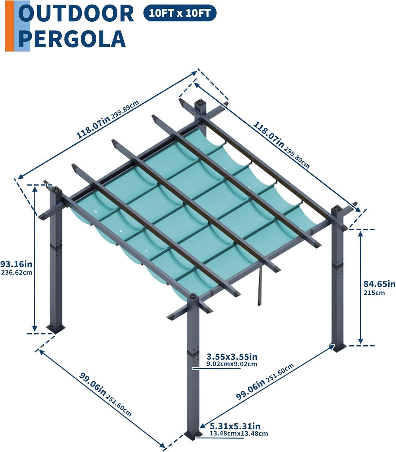 GarveeLife 10x10 ft Aluminum Pergola, Outdoor Metal Gazebo with Adjustable Canopy, Reinforced Frame Outdoor Shelter for Backyard, Patio, Garden and Deck - Blue