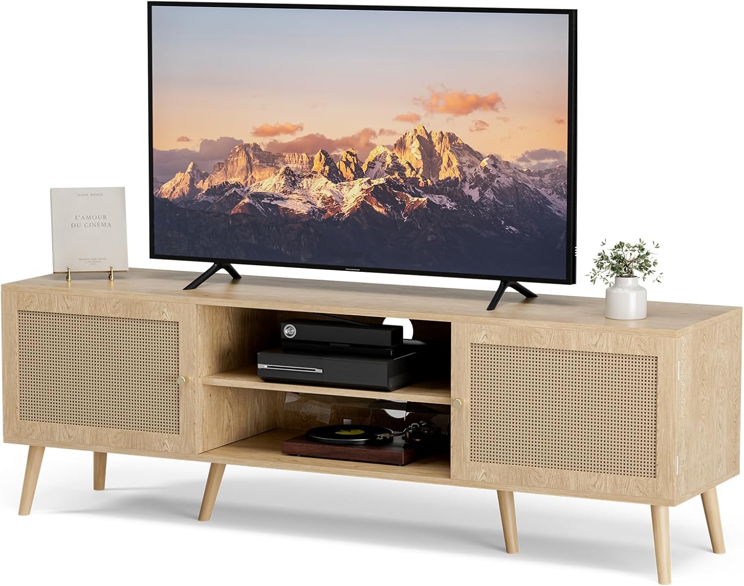 ZttRiee TV Stand for TVs up to 65'', Entertainment Center With Rattan Door, Shelves & 2 Cabinets, Long Boho Media Console for Living Room, Natural