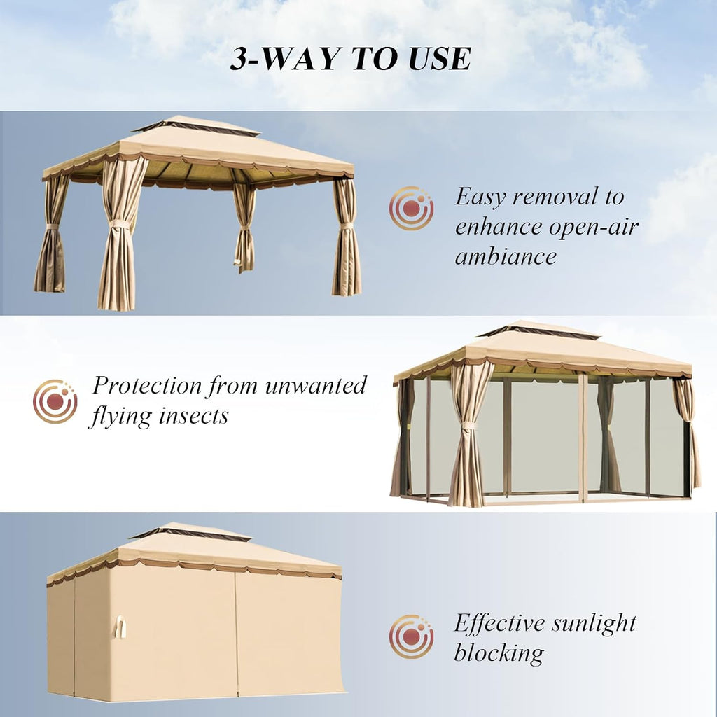 10x13 Gazebo for Patio, Outdoor Gazebo with Mosquito Netting & Curtains, Double Tier Roof Round Leg Marquee Canopy Shelter for Garden, Deck, Backyard, Lawn (Beige)