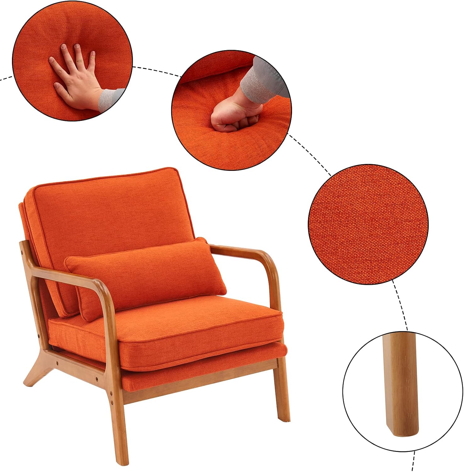 Karl home Accent Chair Mid-Century Modern Chair with Pillow Linen Fabric Upholstered Lounge Arm Chair with Solid Wood Frame & Soft Cushion for Living Room, Bedroom, Balcony, Burnt Orange