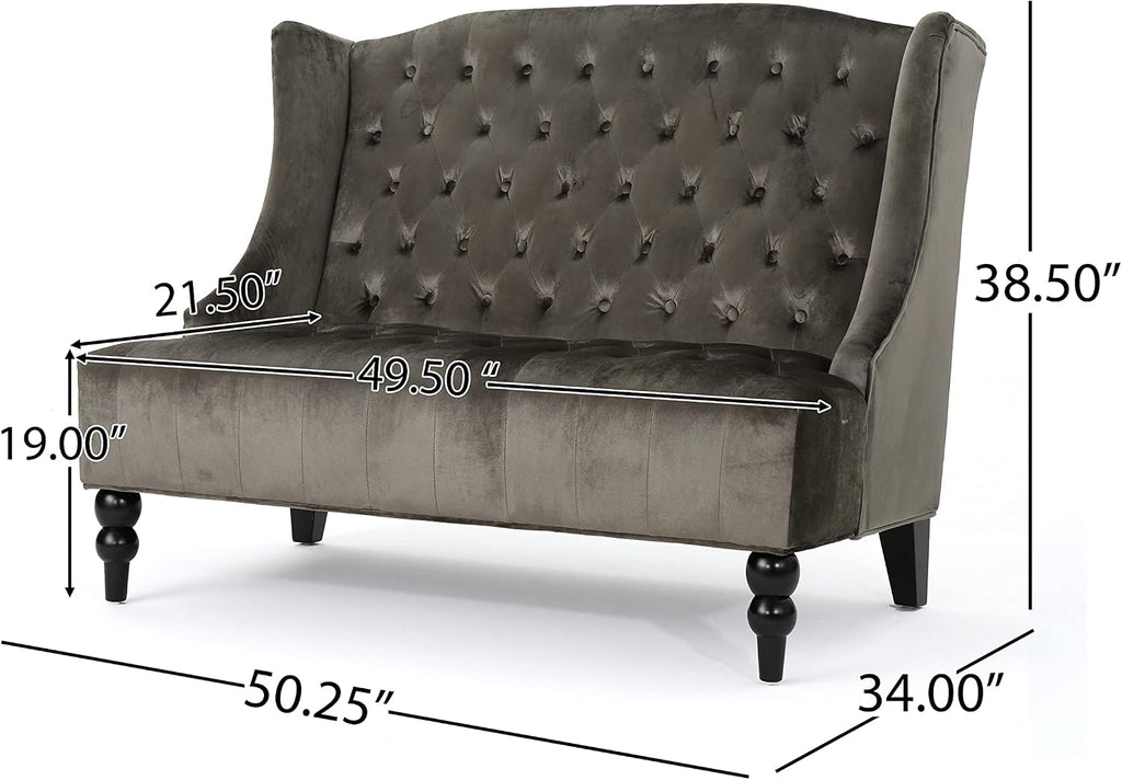 Modern Tufted Velvet Wingback Loveseat, Tufted Velvet 2 Seat Couch Sofas with High Back Thick Padded Cushioned Seats for Living Room, Victorian Style, Grey