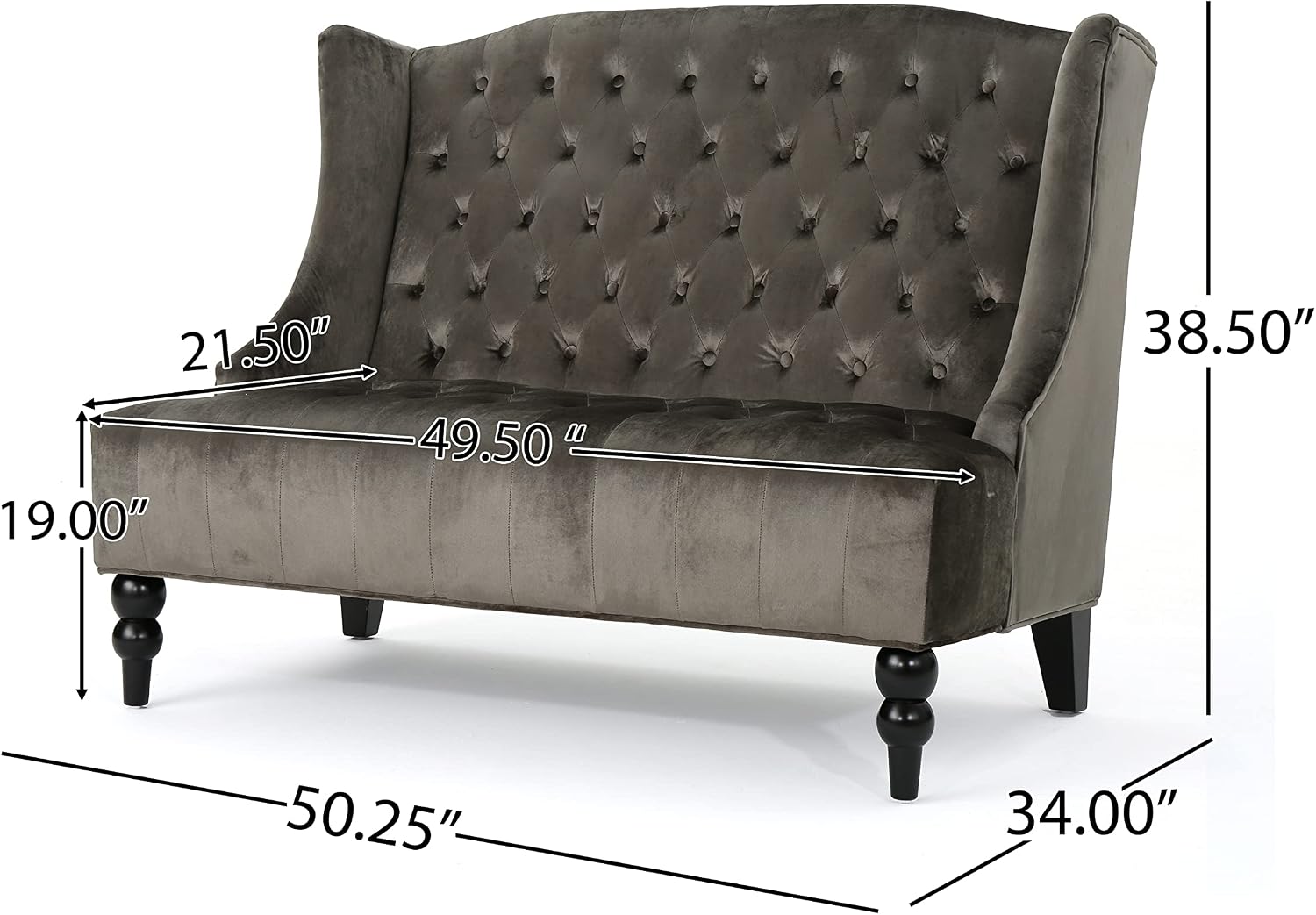 Modern Tufted Velvet Wingback Loveseat, Tufted Velvet 2 Seat Couch Sofas with High Back Thick Padded Cushioned Seats for Living Room, Victorian Style, Grey