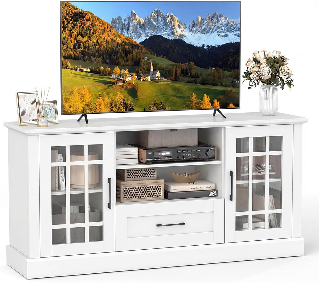 Tangkula Farmhouse TV Stand for TV up to 65 70 Inches, Tall Media Console Table with 2 Glass Storage Cabinets, 1 Drawer & 2 Open Shelves, Wooden Entertainment Center for Living Room (White)