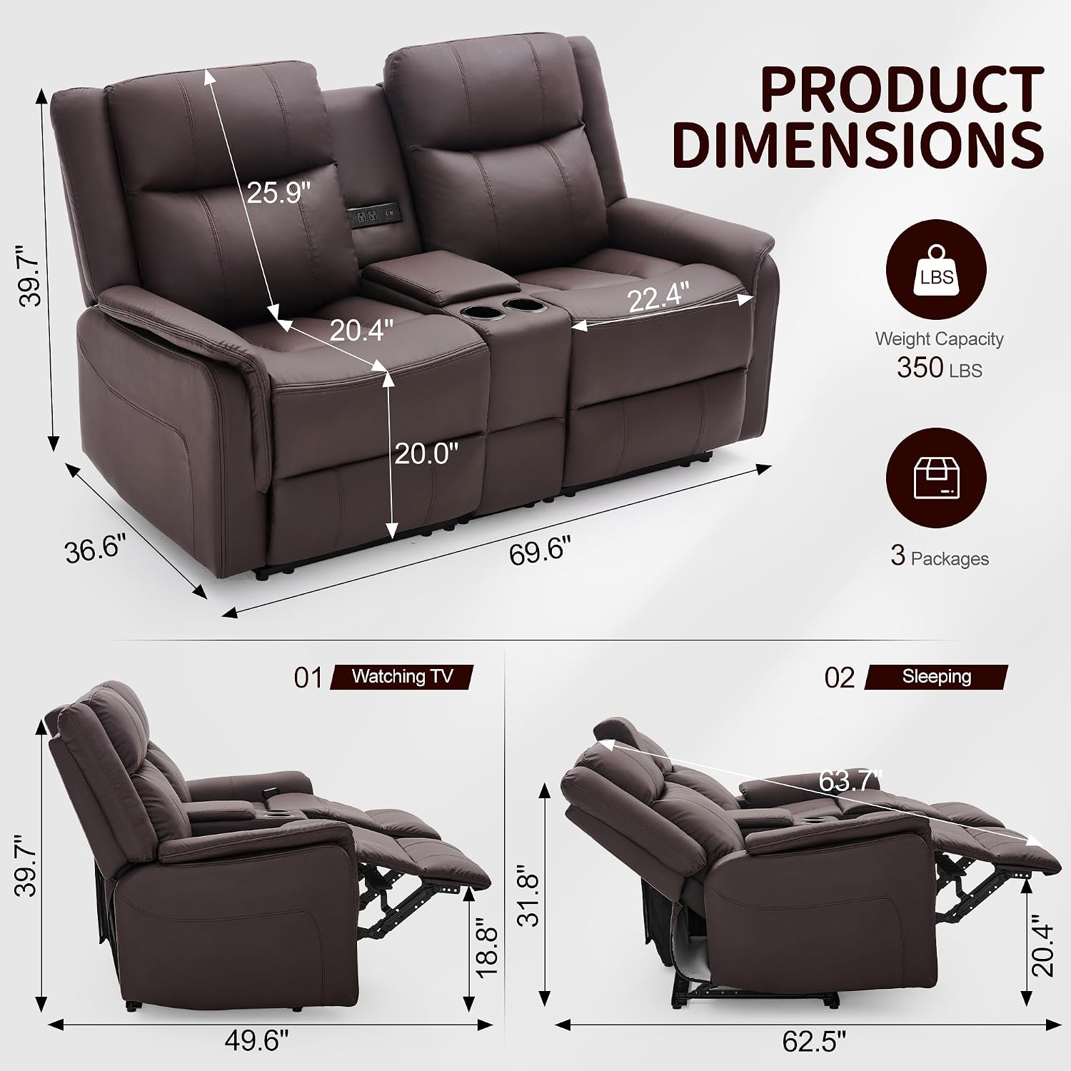 Korser Loveseat Recliner Sofa, Reclining Loveseat Couch with Manual Pull Tab, Reclining Couch with Console, USB Port, US Outlets, and Cup Holders, 2-Seater Leather Sofa for Living Room, RVs