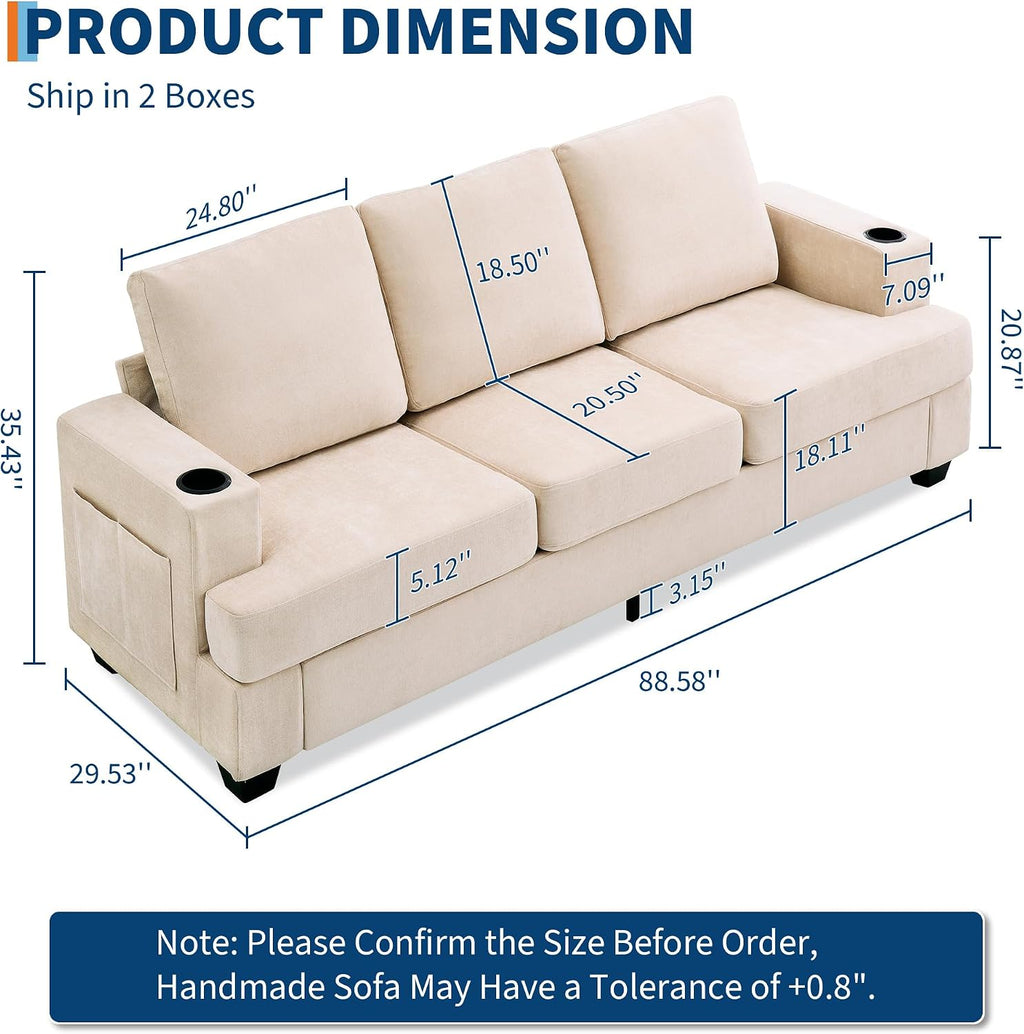 GAOMON 89' Chenille 3-Seater Sofa with Cup Holders and Side Storage Pockets, Modern Sofa for Living Room, Deep Seat Couches for Apartment Lounge, Beige