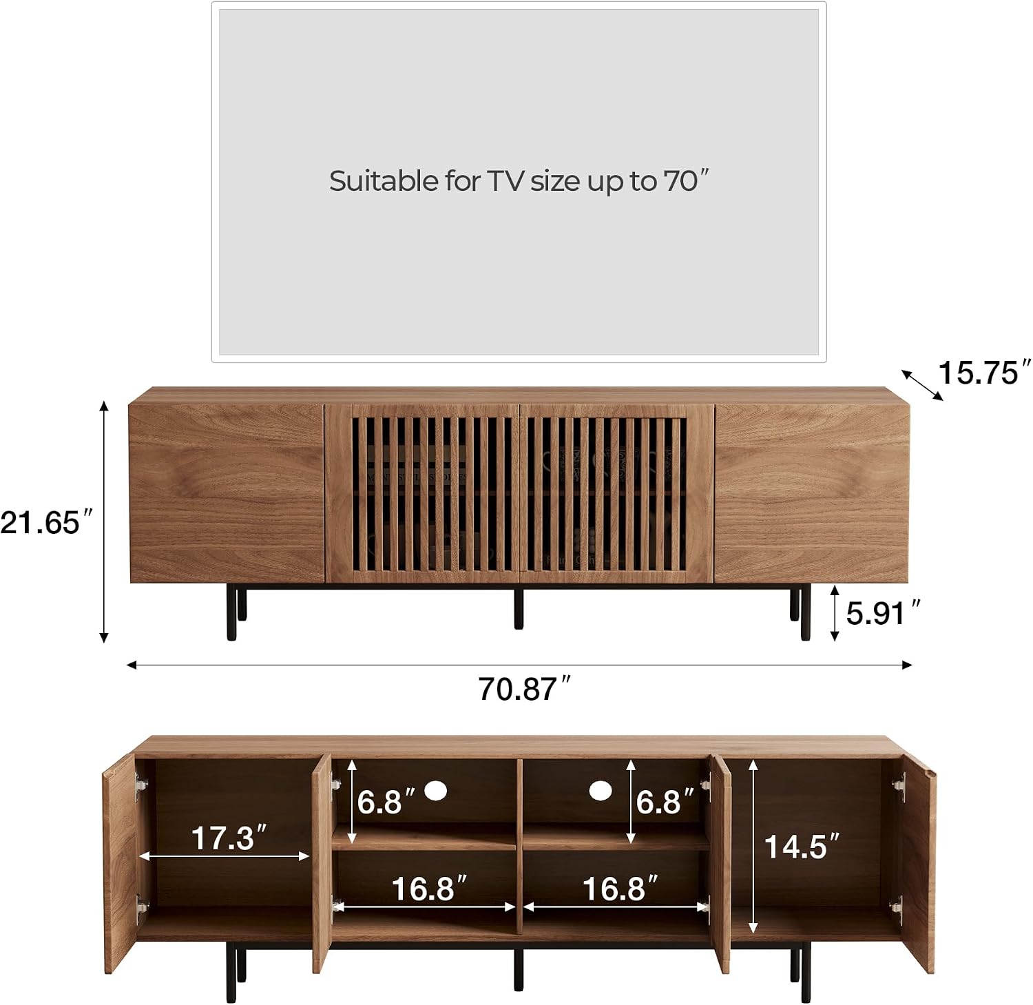 Mid Century Modern TV Stand for 70 Inch TVs, 70.87' Walnut Console with Ample Storage – Stylish Entertainment Center for Living Room or Bedroom