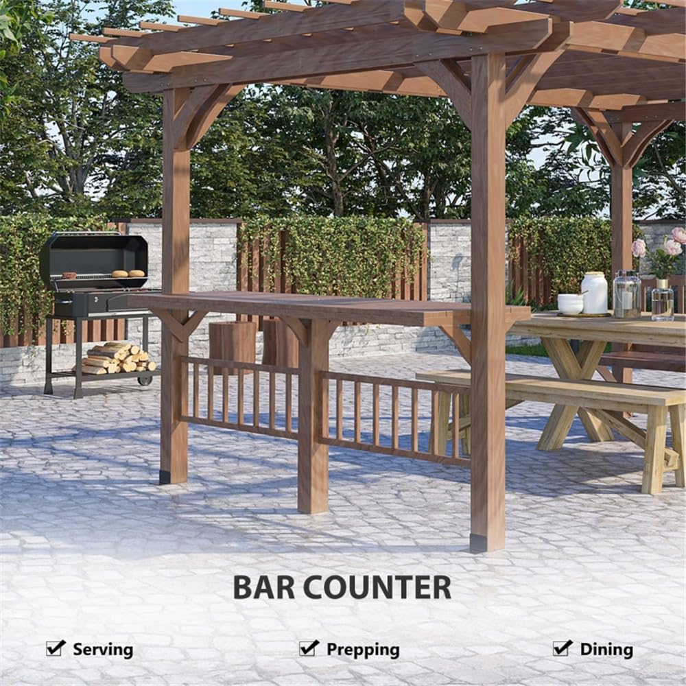 14 x 10 ft Wood Pergola with Bench Seat & Bar Table Quality Solid Wood Gazebo Pavilion for Backyard Deck Patio Outdoor Large Pergola Grape Trellis Grill Gazebo, Snow and Wind Supported