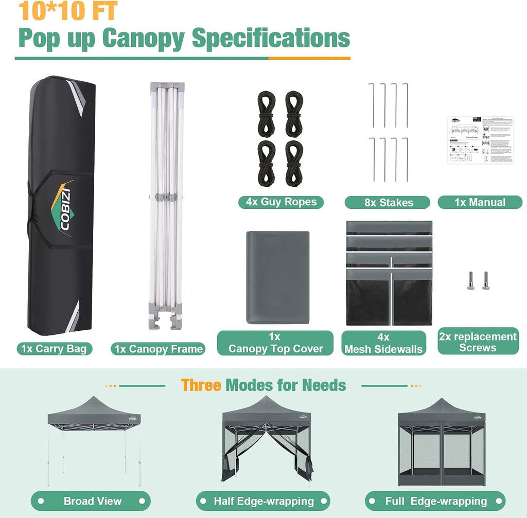 COBIZI 10x10 Canopy Tent, Heavy Duty Pop up Canopy with Sidewalls, Waterproof Easy Setup Tent with Mosquito Netting, Outdoor Instant Screen Tents for Parties, Wedding, Backyard with Carry Bag, Gray