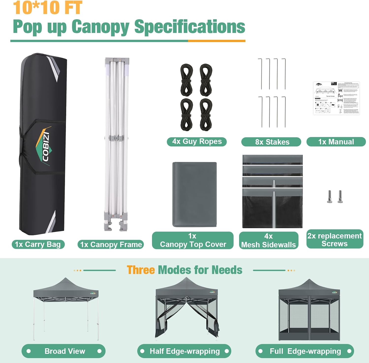 COBIZI 10x10 Canopy Tent, Heavy Duty Pop up Canopy with Sidewalls, Waterproof Easy Setup Tent with Mosquito Netting, Outdoor Instant Screen Tents for Parties, Wedding, Backyard with Carry Bag, Gray