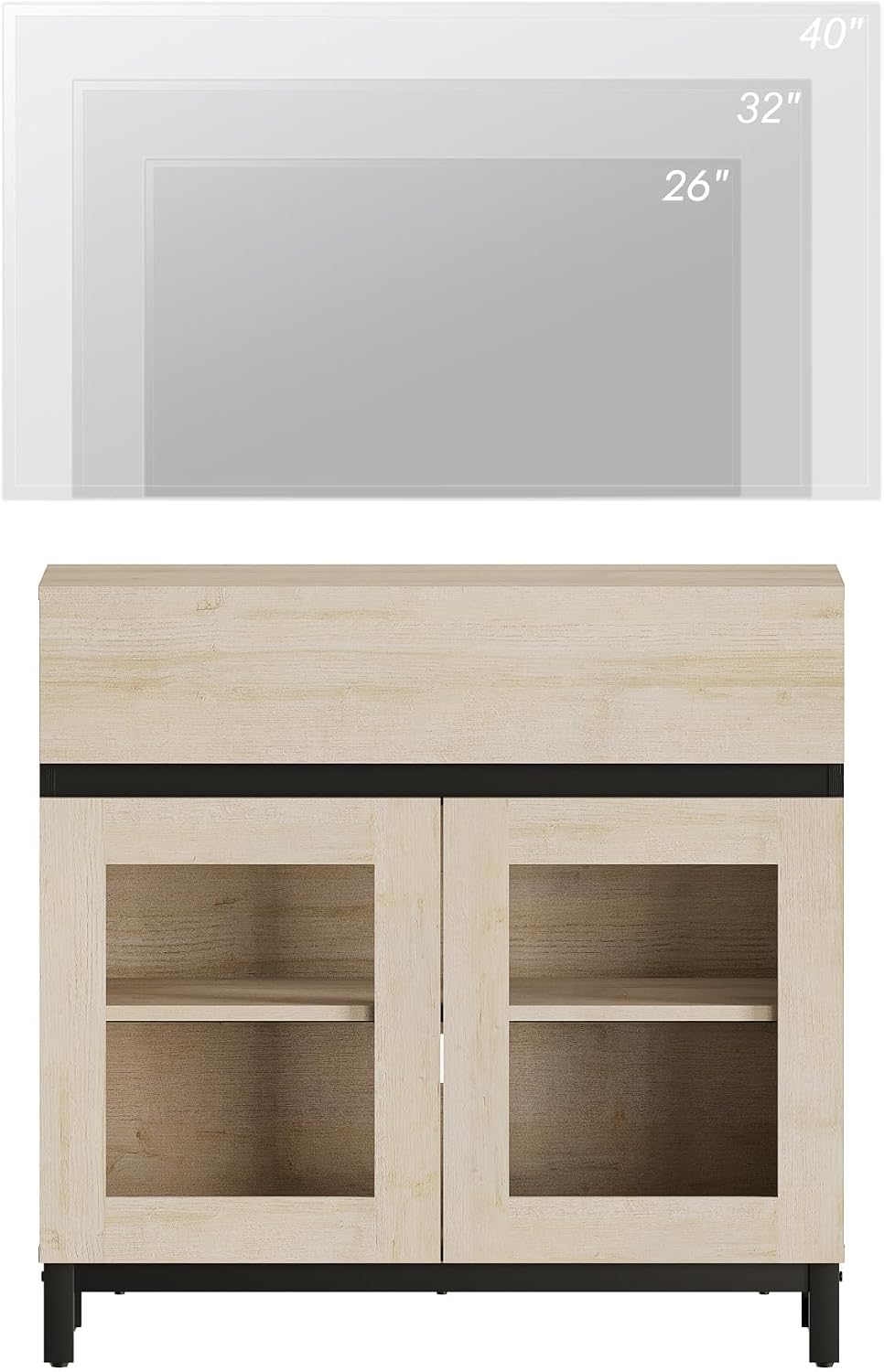 WAMPAT Modern TV Stand with Glass Doors for 26-40 inch TVs, Entertainment Center Console with Drawer and Metal Base for Living Room, Bedroom, Beige