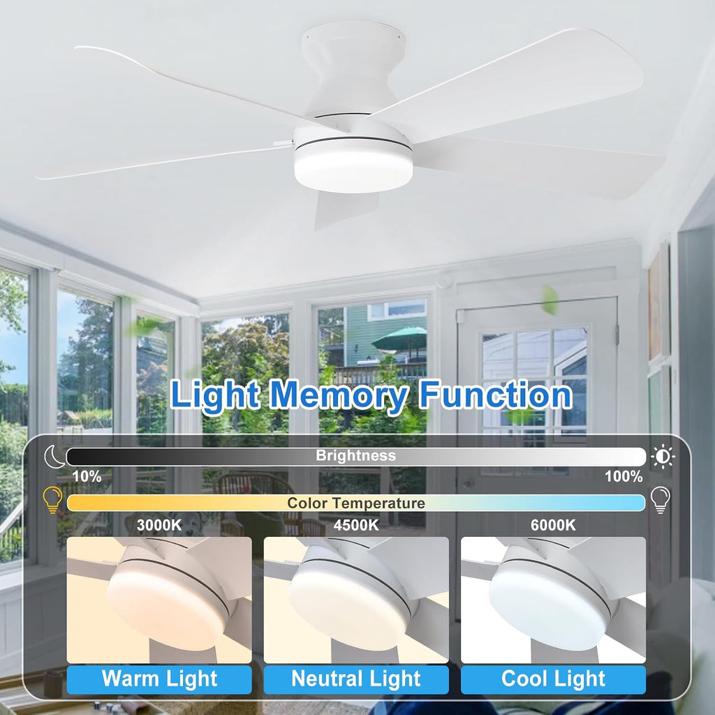 Depuley 42-Inch Ceiling Fans with Lights: Flush Mount Ceiling Fan with Remote Control Indoor/Outdoor - White 5 Blade Low Profile Fandelier for Kitchen Gazebo - Reversible Quiet Timer - 2 Packs
