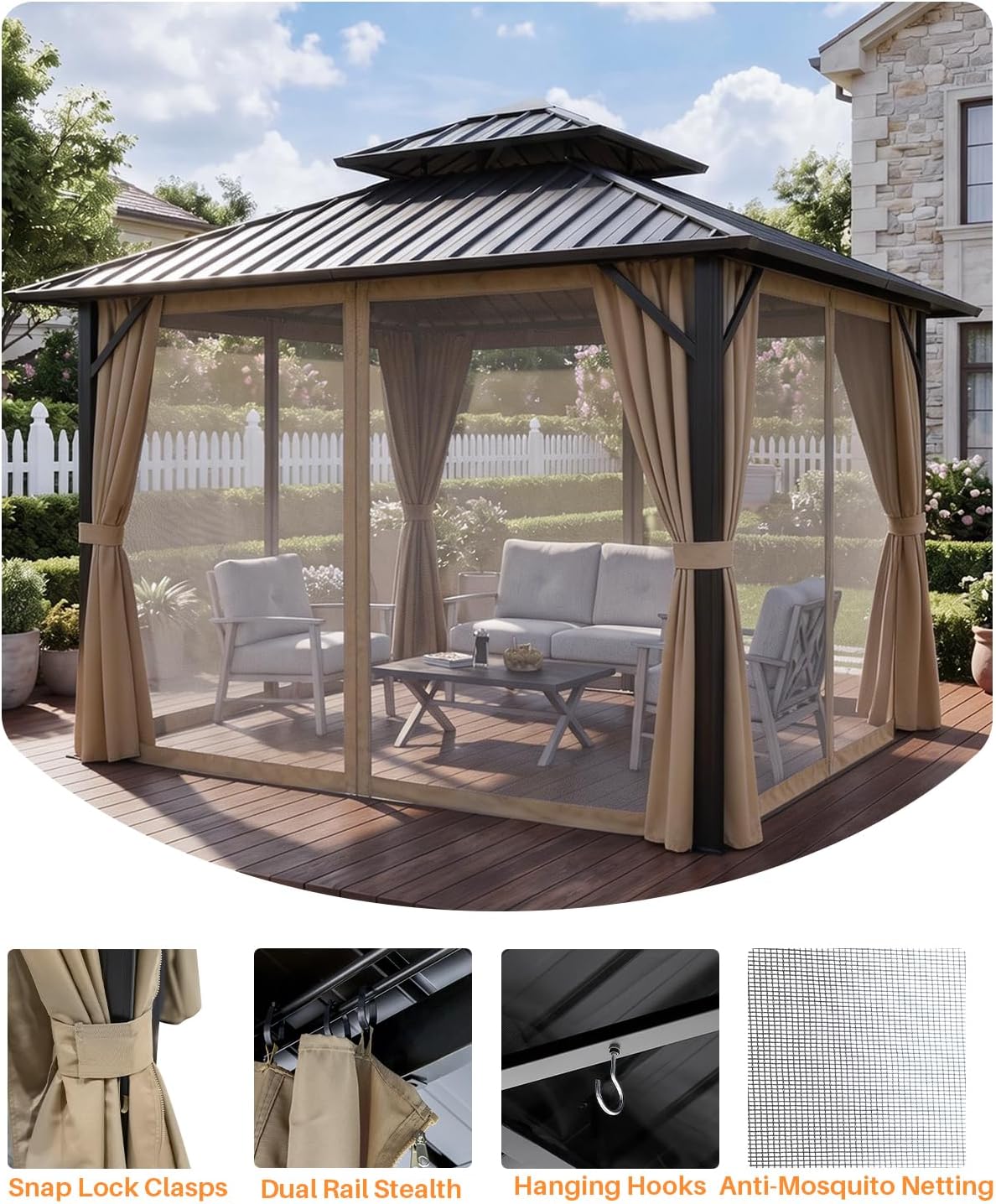 10' x 10' Hardtop Gazebo, Aluminum Frame Outdoor Patio Gazebos with Netting and Curtains, Outdoor Gazebo Canopy, Patio Pergola with Double Steel Roofs for Backyard, Patio, Deck, Sandstone