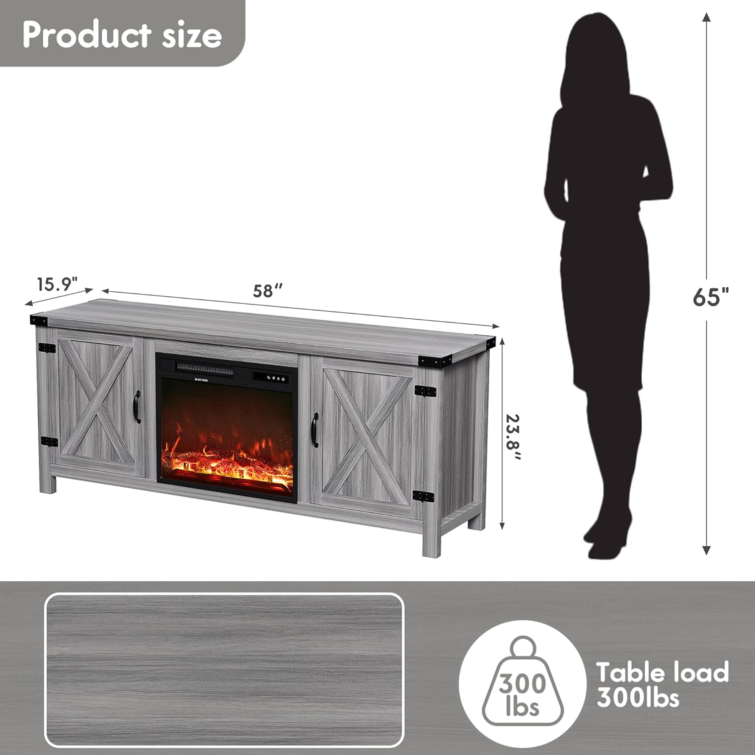 YESHOMY Fireplace TV Stand with Two Barn Doors and Storage Cabinets for Televisions up to 65+ Inch, Entertainment Center Console Table, Media Furniture for Living Room, 58 Inch, Gray