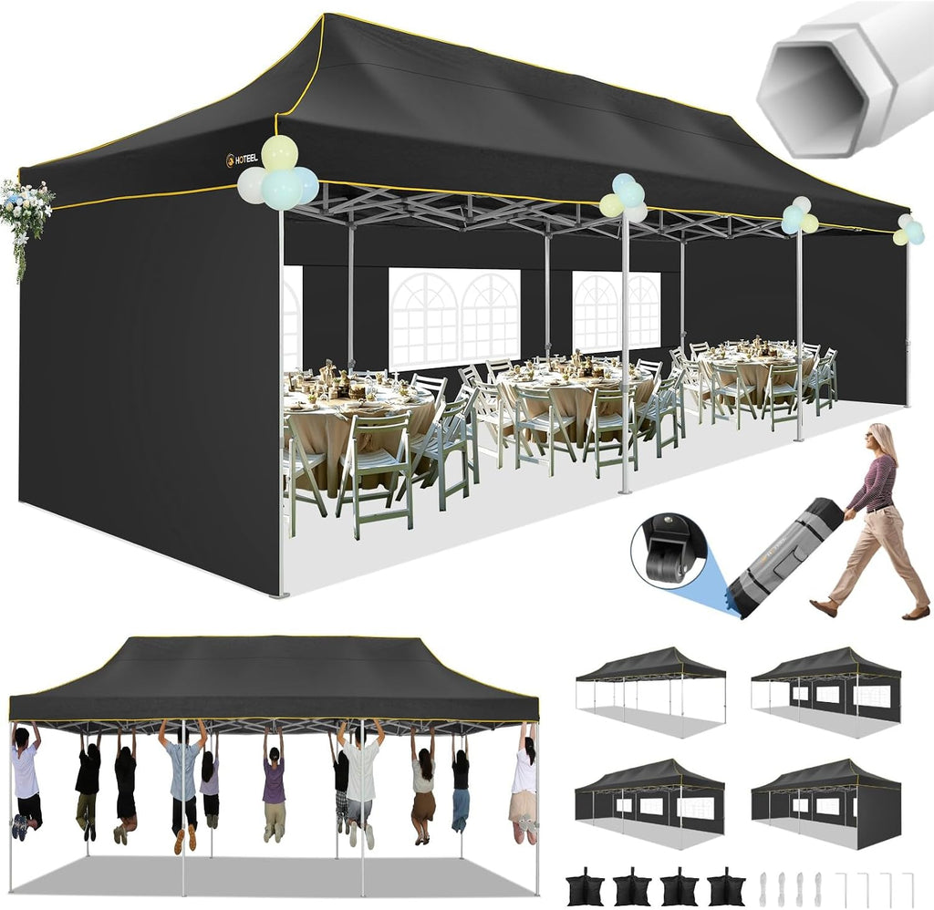 HOTEEL 10x30 Heavy Duty Pop Up Canopy Tent with 5 Sidewalls&Wheeled Bag, Commercial Event Party Tent Wedding Instant Canopy Waterproof, Upgraded Thicked Hexagonal Legs, UV 50+, Black