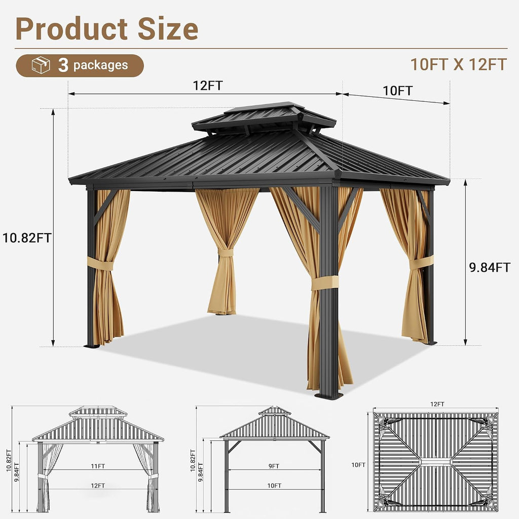 10 x 12 FT Hardtop Gazebo, Heavy Duty Aluminum Frame Gazebo with Double Roof, Permanent Building with Curtains and Netting for Backyard, Deck, Lawns, Khaki