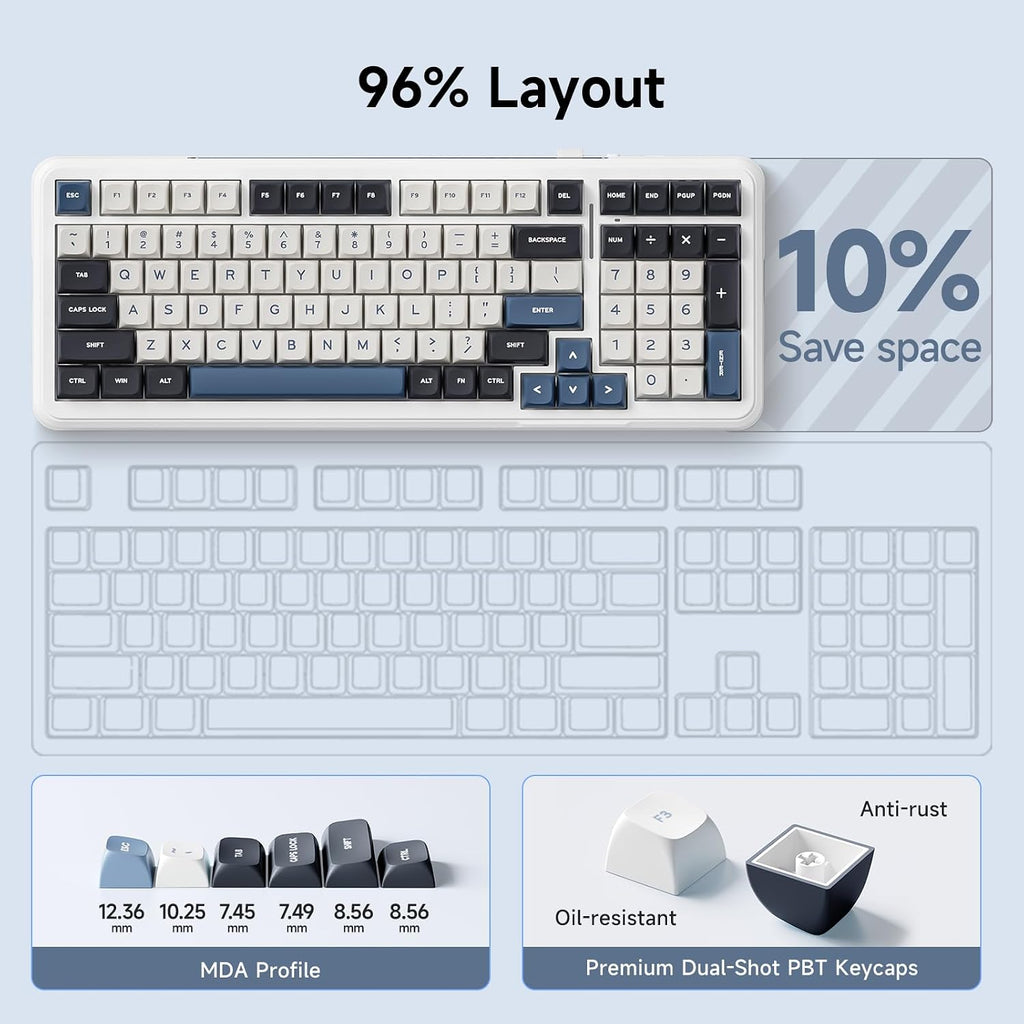 MCHOSE K99 Wireless Mechanical Keyboard, Tri-Mode Connection Gaming Keyboard, Hot Swappable Custom Gasket Structure, Pre-lubed Linear Switches, Double Shot PBT Keycaps RGB LED Backlit Navy Blue