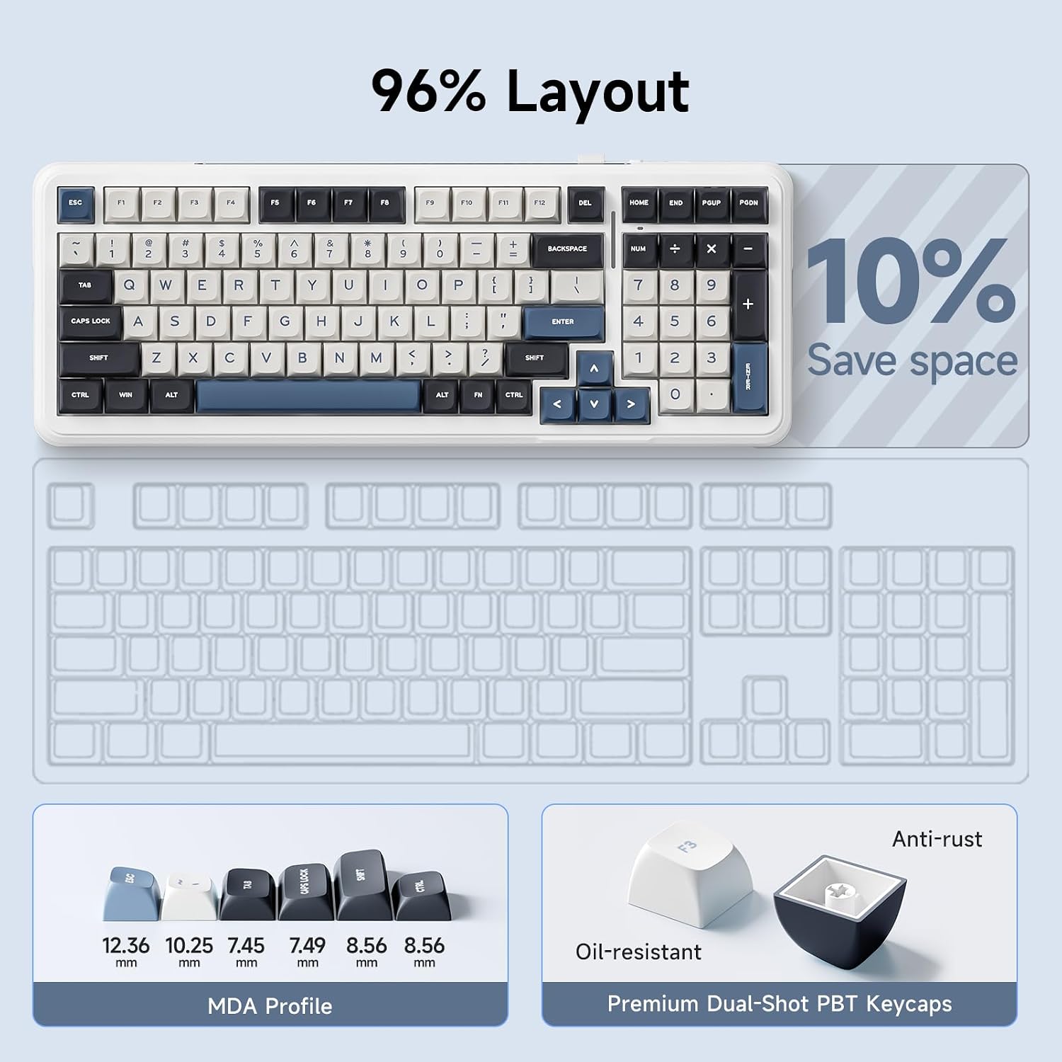 MCHOSE K99 Wireless Mechanical Keyboard, Tri-Mode Connection Gaming Keyboard, Hot Swappable Custom Gasket Structure, Pre-lubed Linear Switches, Double Shot PBT Keycaps RGB LED Backlit Navy Blue