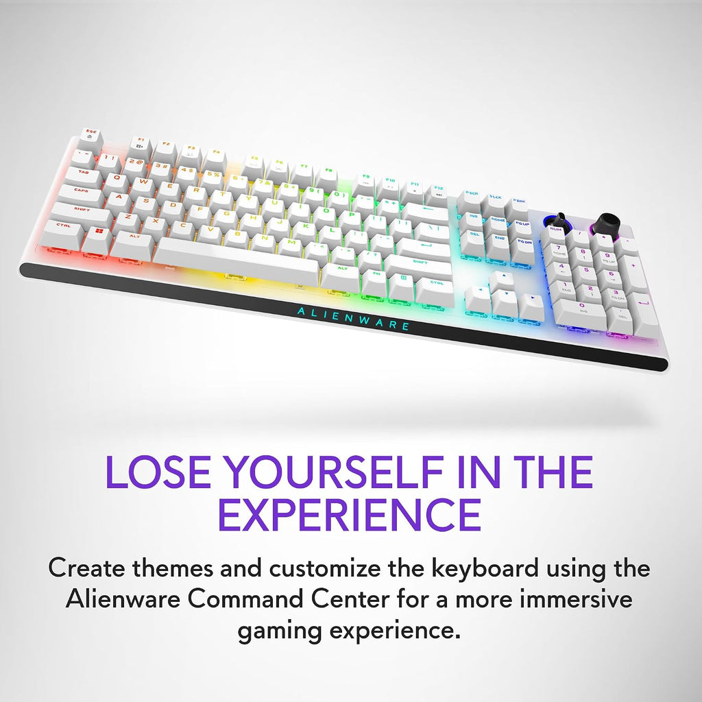 Alienware AW920K Tri-Mode Wireless Gaming Keyboard - Rechargeable, Wireless/Wired, Magnetic Snap-on Charging, Programmable Rocker Switch and Dial, AlienFX per-Key RGB - Lunar Light
