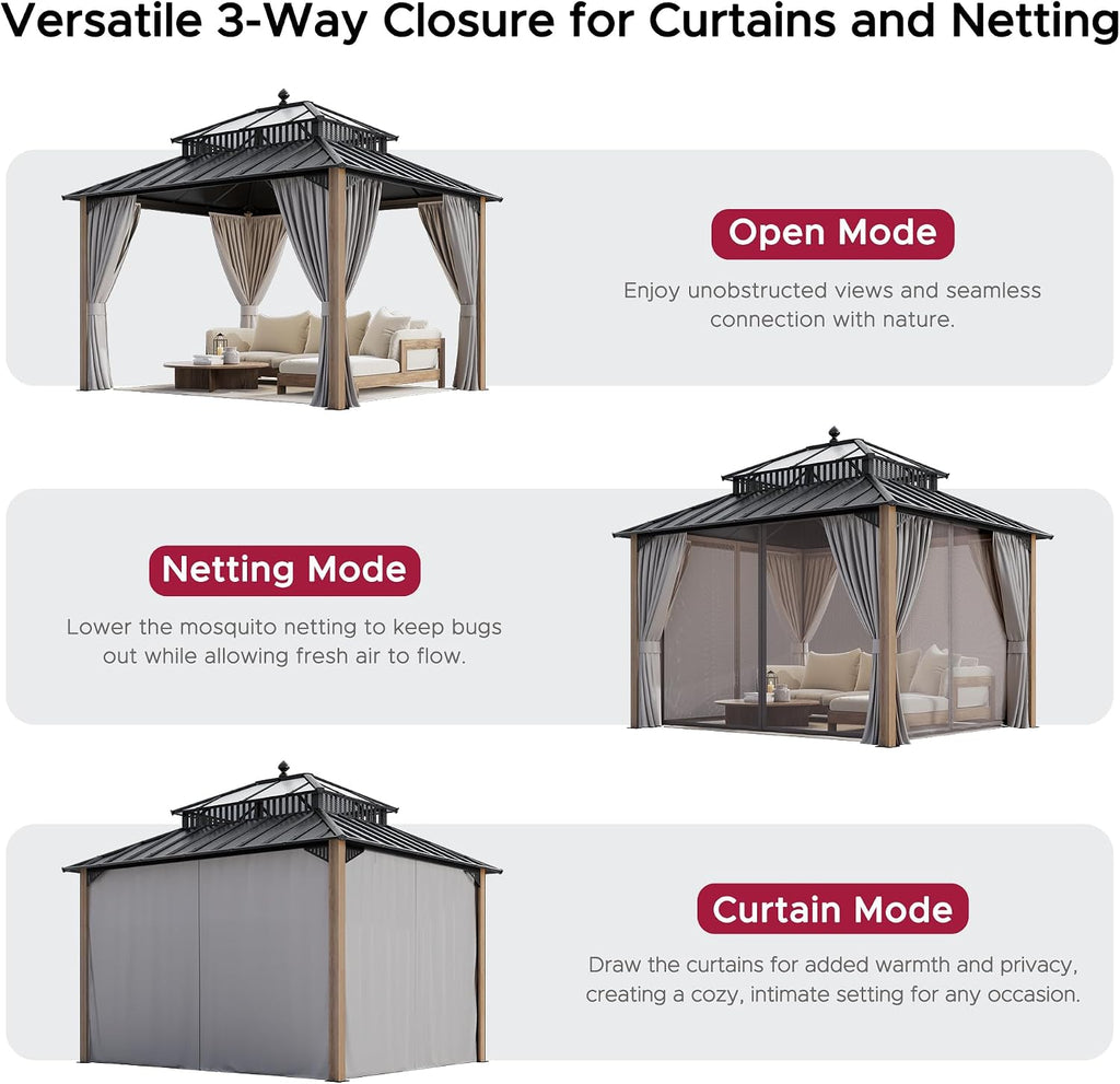 SUNJOY Kingston 12' x 10' Hardtop Wood Gazebo with Galvanized Steel/Polycarbonate Double Roof, Curtain and Netting, Cedar Posts Permanent Pavilion Gazebo for Garden, Patio, Deck, Lawn