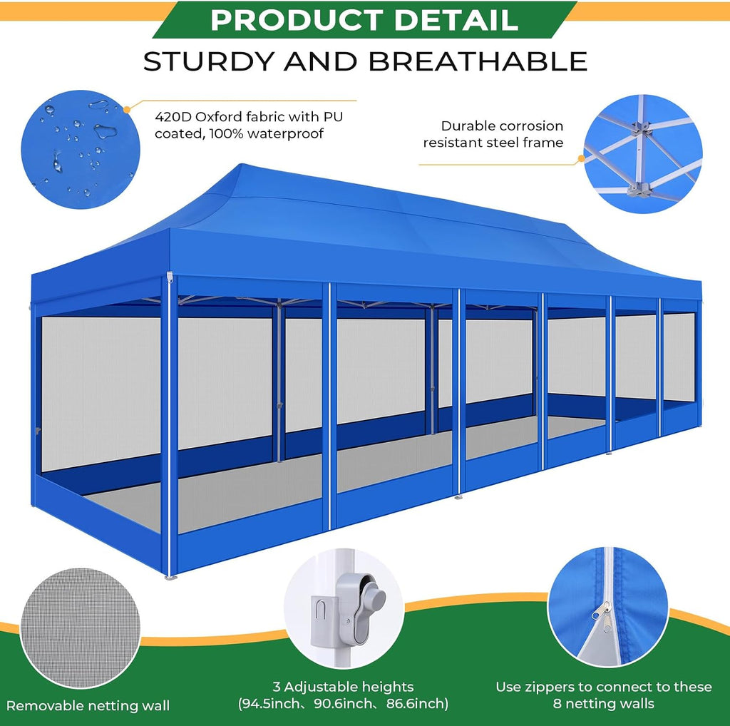 COBIZI 10x30 Heavy Duty Pop Up Canopy with 8 Mosquito Netting Wall, Easy Set Up Commercial Gazebo Party Tent, Outdoor Instant Screen Canopy for Backyard, Patio, Garden, Blue