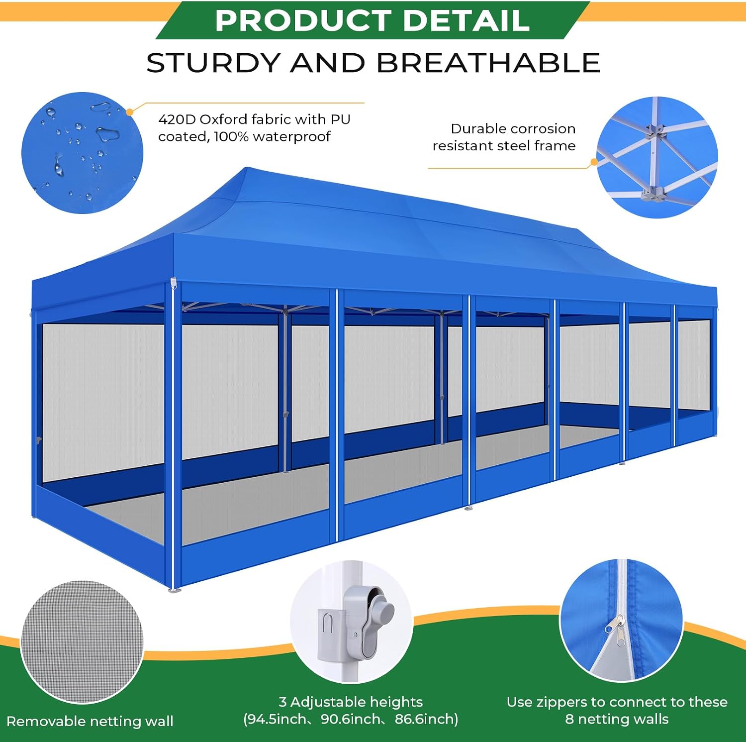 COBIZI 10x30 Heavy Duty Pop Up Canopy with 8 Mosquito Netting Wall, Easy Set Up Commercial Gazebo Party Tent, Outdoor Instant Screen Canopy for Backyard, Patio, Garden, Blue