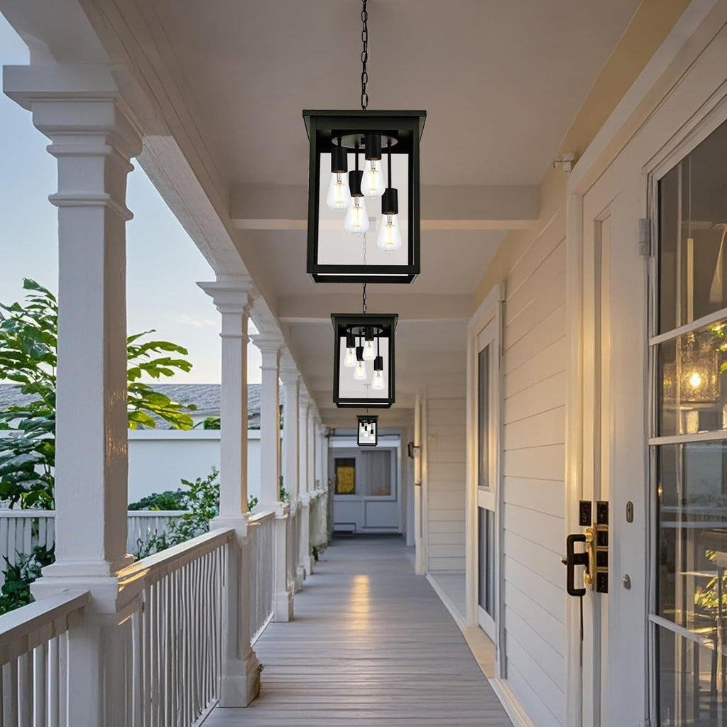 16.7'' Outdoor Pendant Lights for Porch, 4-Lights Black Exterior Pendant Light with Clear Glass, Outdoor Porch Light Ceiling Mount Outdoor Hanging Light Fixture for Gazebo, Patio, Entryway